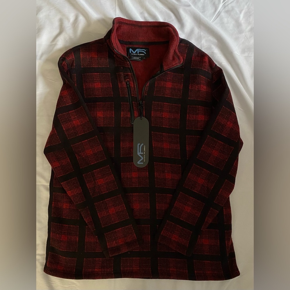 NWT MACK RUSSO RED BLACK PLAID FLEECE MEN'S PULLOVER NWT